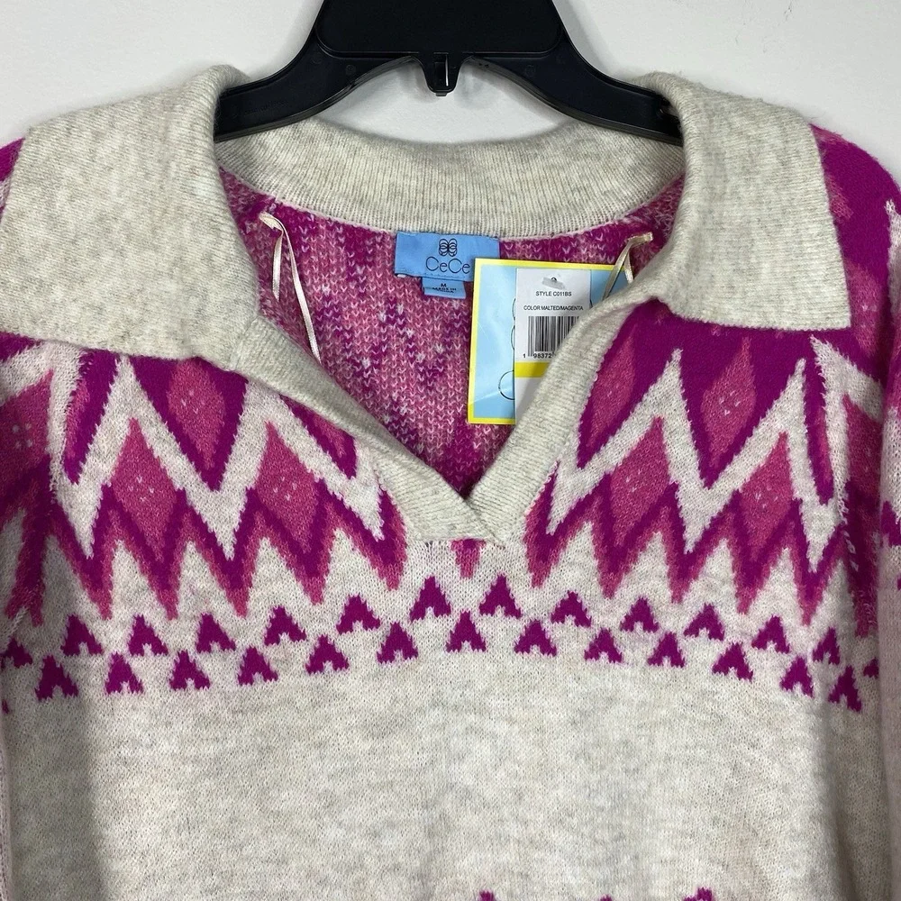 CeCe Women's Medium Collared‎ Fair Isle Sweater Beige/Magenta Long Flare Sleeve
